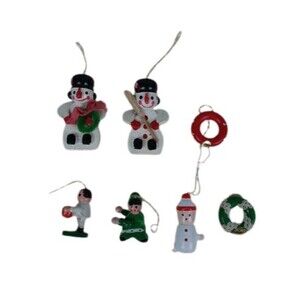 VTG Lot 7 Mini Hand Painted Wooden Christmas Ornaments Snowman Elf Miniature